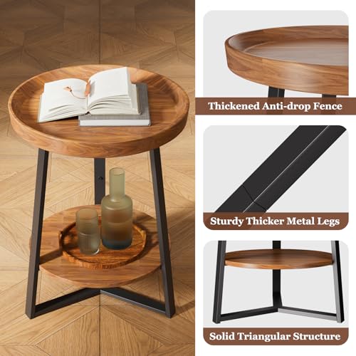 Gadroad Round End Table with Storage Shelf, 2 Tier Farmhouse Side Table Nightstand for Living Room, Bedroom, Wood Tabletop & Black Metal Frame, Brown 15.7 * 15.7 * 23.0inches - color: Brown, style: No Charging Station