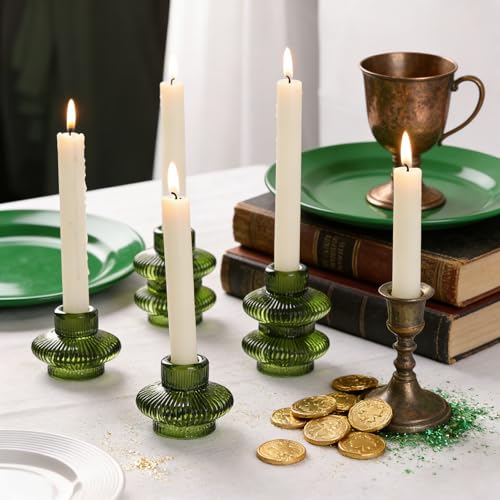 Green Taper Candle Holders Set of 10 for Taper Candles/Tea Lights, Ribbed Glass Candlestick Holders for Boho Wedding Table, Vintage Candle Sticks Holder Decor Home Decor - color: Green