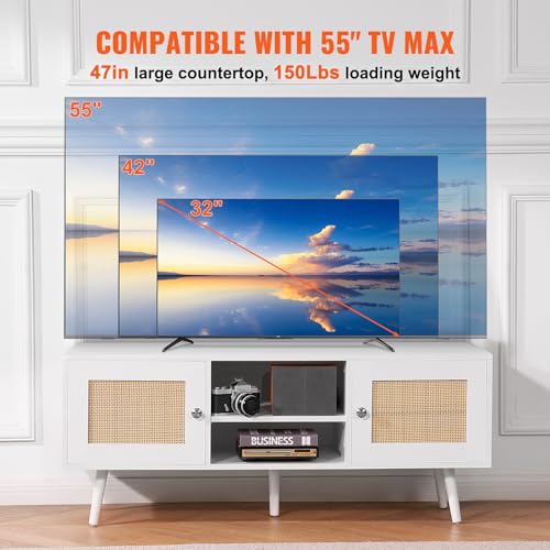 VEVOR Rattan Mid Century Modern TV Stand, Boho TV Console for 55 inch TV, White - color: White, size: for 55" TVs