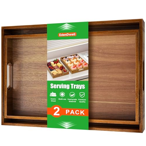 Serving Trays - 2 Pack, Acacia Wood Serving Platters with Ergonomic Handles, Versatile Rustic Decorative Trays for Breakfast, Brunch, Dinner, Coffee Table, Party, Kitchen-L - size: 16"x11"x1.57" and 17"x12"x1.57"
