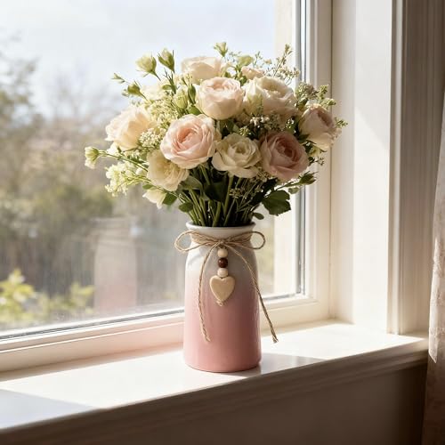 Decorative Ceramic Vase | 6-Inch with Jute Rope & Heart Charm | Perfect for Home, Office & Wedding Décor, Pink Color - color: Pink