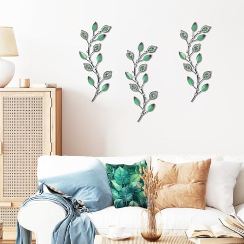 Cityelf 3 Set Crystal Leaf Wall Art Sculpture Iron Tree Leaves Branch Hanging Wall Décor Jeweled Bling Home Deor Acrylic Diamond Accent … - color: green leaves set 3