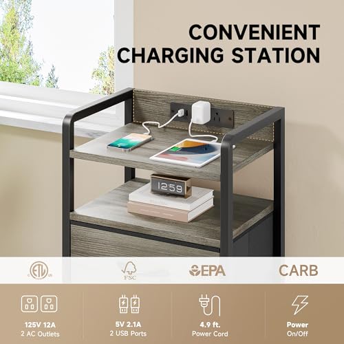 Lazzanto Grey NightStand with Charging Station - Morden Nightstand with USB Ports & AC Outlets, Grey End Table with Storage Shelf & 4 Fabric Drawers, LED Light Strip - color: Grey, size: 4 Drawers