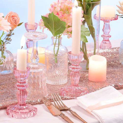 Pink Candlestick Holders Set of 6, Taper Candle Holders, 4.3" H & 6.3" H Glass Candle Holder for Candlesticks & Pillar Candles, Candle Holder for Table Centerpieces, Wedding and Mother's Day - color: Pink