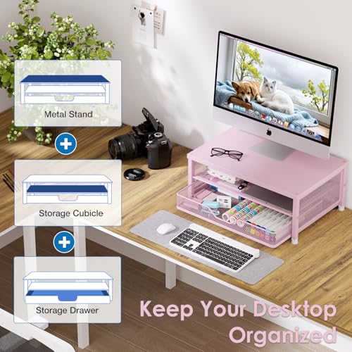 OPNICE Computer Monitor Stand Riser, Desk Organizer with Drawer, Laptop Stand, Office Desk Accessories & Workspace Desktop Organizers Storage for Office Supplies(Pink) - color: Pink