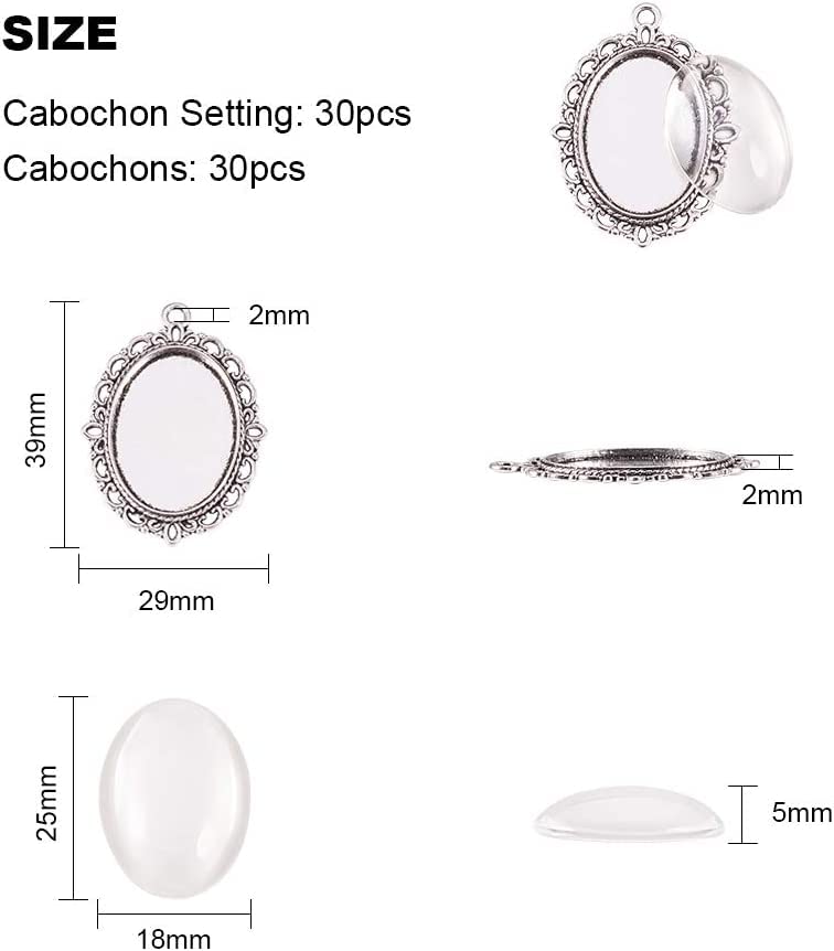 PH PandaHall 60pcs Bezel Pendant Blanks Settings - 30pcs Oval Pendant Trays Photo Charms with 30pcs Glass Cabochons for Wedding Brides Bridal Bouquet Charm Necklace Jewelry Making, 25x18mm (Pack of 2) - size: Tray: 25x18mm (Pack of 2)
