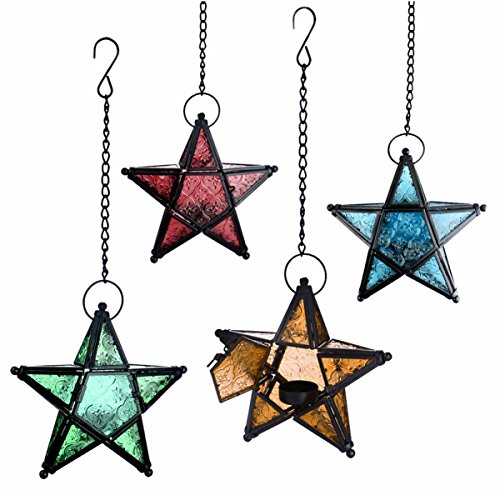 Morocco Metal Star Glass Lantern Wall Hanging Candle Holder for Decorative Wedding Party Home Decoration Birthday Party (Yellow) - color: Yellow