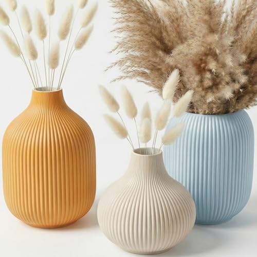 Set of 3 Small Matte Vibrant Ceramic Vases in Light Blue, Mustard Yellow and Beige - Modern Minimalist Ribbed Decor for Centerpiece, Farmhouse Living Room, Kitchen Shelf, Gift Idea - color: Round-white/Blue/Yellow