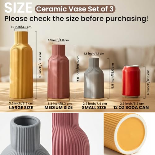 Ceramic Vase Set of 3, Modern Ribbed Boho Vases for Home Decor, Assorted Sizes Decorative Flower Vases for Pampas Grass, Dried Flowers,Shelf, Table Centerpiece - color: Mustard Yellow/Gray/Burgundy
