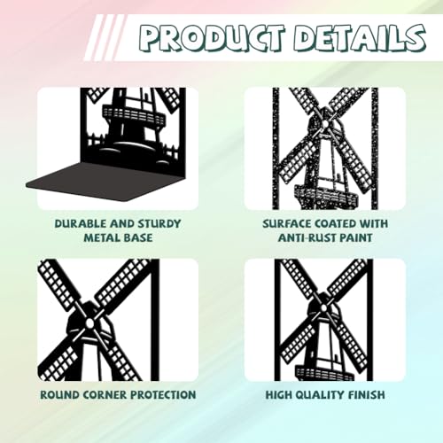 Peacoblue Metal Bookends for Shelves, Modern Decorative Heavy Duty Study Book Ends Stoppers for Office, Desk, Shelf, Room 5.3"x4.3"x7.9" Cast Iron Tall Bookends 1 Pair (Dutch Windmill and Fence) - style: Dutch Windmill and Fence