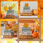 Lineshading 4 Pcs Thanksgiving Decoration for Home Wooden Maple Leaf Fall Tiered Tray Decor Thanksgiving Centerpiece Rustic Decorative Maple Leaf Block Signs Gift Farmhouse Autumn Decoration for Home - style: Autumn Maple Leaf