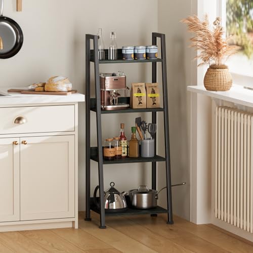 Furologee 4-Tier Ladder Shelf, Ladder Bookshelf with Removable Drawer, Bookcase Storage Rack Organizer, Freestanding Storage Shelves for Living Room, Home Office, Bedroom, Black Oak - color: Black Oak, size: 4-Tier, 15" W