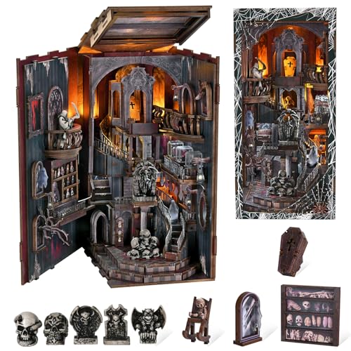 MiniCity Magic Booknook Building Set with LED Light, Mini Bookend Building Kit for Bookshelf & Home Decor, DIY Miniature Book Nook Building Model for Kids Adults Teens (Haunting Relics) - style: Haunting Relics