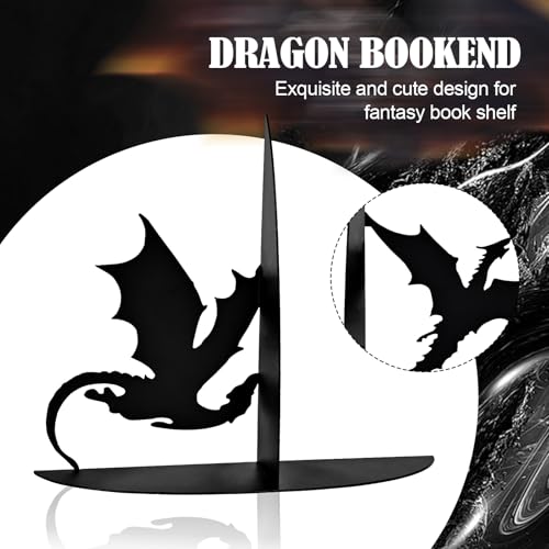 Metal Dragon Bookends Stoppers Holder Stand for Desk Shelf Cool Dragon Book Ends Decorative, Fantasy Dragon Bookends for Bookshelf Decor - color: Black