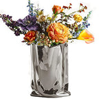 BLOFLO Silver Ceramic Modern Vase Crinkle Fold Paper Bag Handmade Ceramic Vase, Creative Flower Arrangement Ornaments, Decorative Vases for Home Decor, Mantel, Living Room Decoration (Silver)