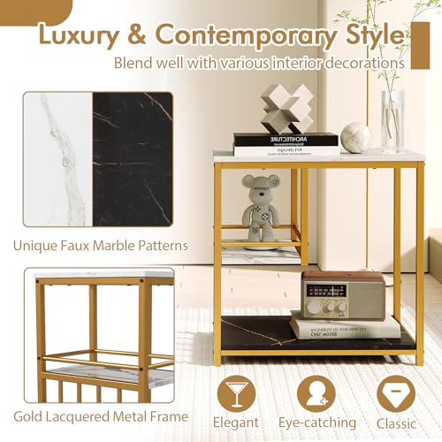 Giantex Side Table with Storage, 3-Tier End Table with Golden Polished Steel Frame Sofa Couch Table for Living Room, Modern Nightstand for Bedroom, Easy Assembly, Marble & Golden