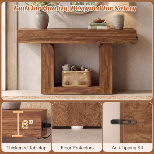 Homieasy Console Table, 47" Entryway Table with LED Lights & Charging Station, Farmhouse Wooden Sofa Table Behind Couch, Narrow Hallway Table for Living Room, Foyer, Entry, Rustic Oak - color: Rustic Oak, size: 47.2"