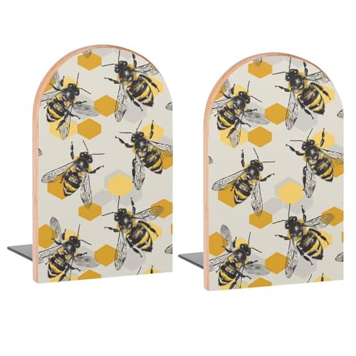 Bees Yellow Gray Honeycomb Book Ends Decorative Wood Bookends for Shelves Kids Room Desk Home Office Book Stoppers for Books, DVDs, 1 Pair/2 Pieces(5x3.1 in) - color: Bees Yellow Gray Honeycomb