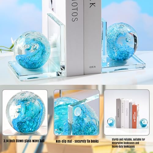 Book Ends for Shelves, Glass Bookends with Turquoise Crystal Hand Blown Sea Wave Ball, Non Skid Sturdy Glass Decorative Bookends for Ocean Lovers, Heavy Books, Office, Set of 2 - color: Light Blue+green
