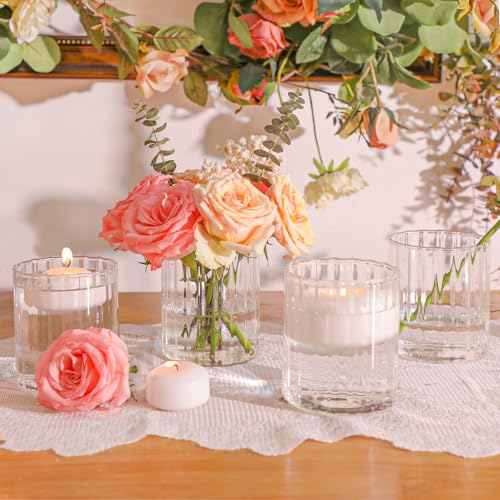 ComSaf 6pcs Mini Glass Cylinder Vases 3.9 Inch Tall, Small Vase for Flowers, Short Ribbed Vases for Centerpieces, Clear Hurricane Glass Candle Holders for Table Party Home Decor - size: 4 Inch Tall (Uniform)