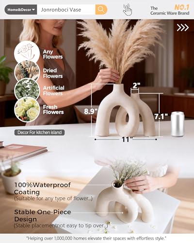 Hug Donut Decorative Vase Set - Modern Nordic Boho Style Vases Home Decor, Matte Ceramic Decorations for Living Room Shelf, Bookshelf Mantle Entryway Table or Console Décor (Cream White) - color: Cream White