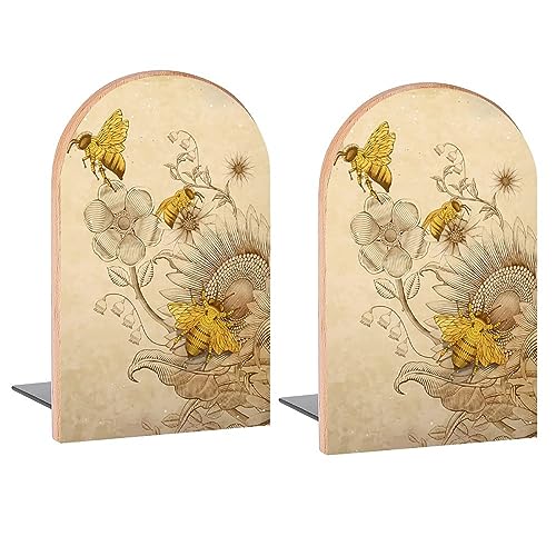 Retro Bees on Wildflowers Book Ends Decorative Wood Bookends for Shelves Kids Room Desk Home Office Book Stoppers for Magazines,Books, DVDs, 1 Pair/2 Pieces(5x3.1 in)