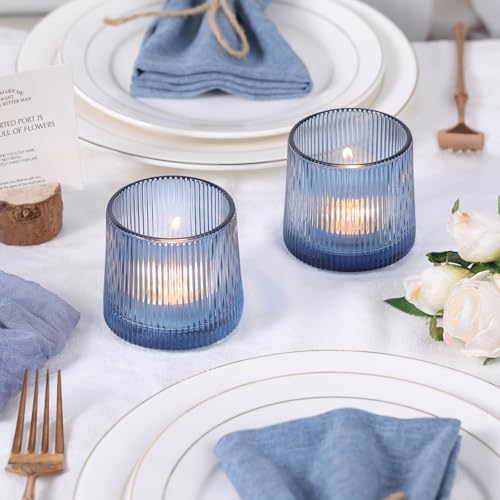 DARJEN Blue Ribbed Tealight Votive Candle Holders Set of 10- Votive Candle Holders for Table Centerpiece, Tea Light Candle Holder Glass for Wedding and Home Decor, Blue Decor and Gifts - color: Blue, size: 10Pcs