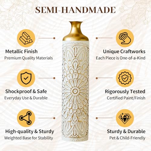 Floor Vases, Tall Home Decor Metal Vase Set of 3 Large Glazed Decorative Vases for Wedding Decor, Elegant Modern Flower Holder for Living Room, Entryway, Hallway, Dining Room - color: Floral Ivory Gold
