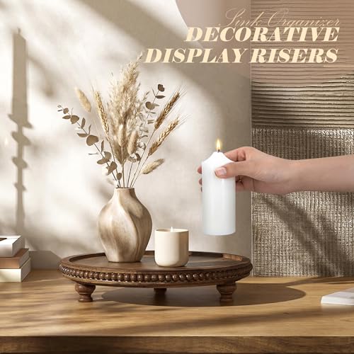EOSAHR Beaded Round Display Riser for Room Decor – 3-Leg Wooden Pedestal Stand for Coffee Table, Cake Stand, Perfume & Vanity Organizer – Boho Home Decor for Living Room (Vintage Brown) - color: Vintage Brown