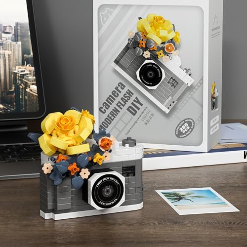 Retro Grey Camera Miniature Figurine - Sunny Yellow Rose Desktop Collectible - color: Gray