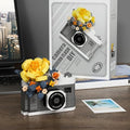 Retro Grey Camera Miniature Figurine - Sunny Yellow Rose Desktop Collectible - color: Gray