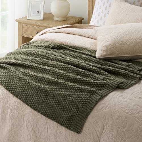 EVERGRACEHOME Chunky Chenille Knit Throw Blanket for Couch, Soft Luxurious Moss Stitch Blankets for Bed, Cozy Decorative Farmhouse Knitted Throws for Sofa, Olive Green, 60" x 80" - color: Olive Green, size: 60" x 80"