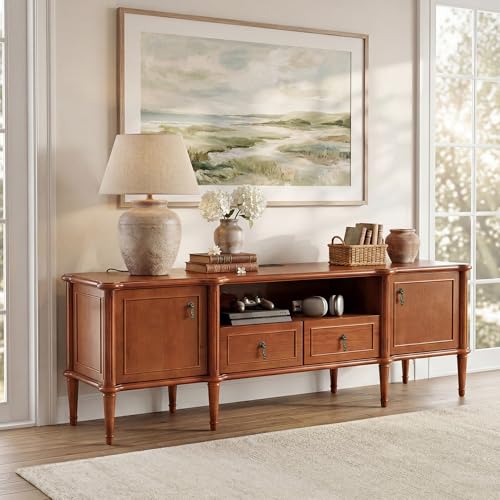 STO'SENSE 63" Pre-Assembled Tv Stand w/Power Outlet, Solid Wood Grain TV Consoles w/2 Cabinets & 2 Drawers, Mid Century Modern Entertainment Center for Living Room, Fits TVs up to 75", Vintage Walnut - color: Vintage Walnut