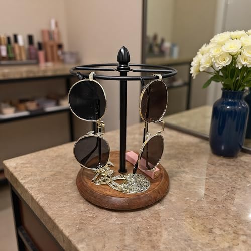 Sunglasses Stand with Jewelry Tray Base, 12 Pairs Eyeglass Holder Rack, Glasses Organizer for Entryway Bedroom Dresser, Countertop Sunglasses Display for Home Decor (Wood+Black) - color: Wood+Black