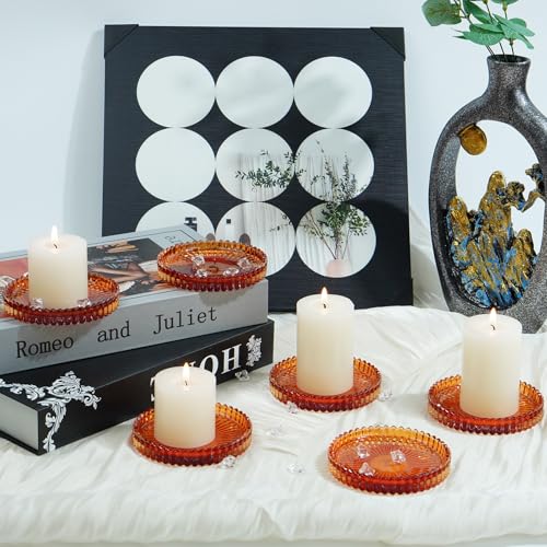 Candlestick Glass Candle Holder Plates Set of 6, Round Glass Candle Tray Plates for Dining Wedding Lantern Festival Party Evening Light, Amber - color: Amber