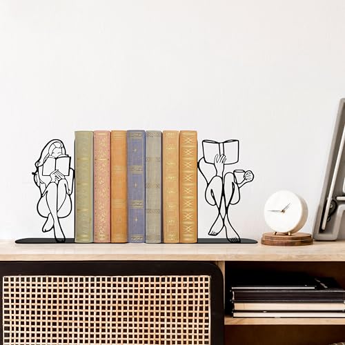 Reading Bookends Decorative for Shelves - Girl Reading Statue Bookends, Metal Black Book Ends Decor for Heavy Books, Novelty Bookish Decor for Home Library, Book Lovers Gift for Women & Students