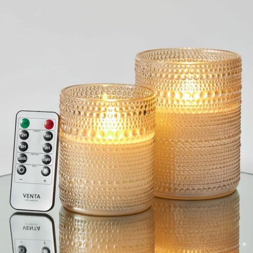 VENTA Beyond The Flame Mesmerizing Dotted Glass Candles | Set of 2 Ivory LED Pillars | Create a Magical, Worry-Free Glow with Remote & Timer | Perfect for Home, Holiday & Wedding Ambiance - color: Dotted Glass Ivory