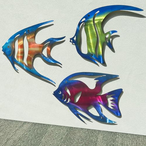 LiveInUrban Coastal Wall Art Angelfish Metal Wall Sculptures, Ocean Beach Themed Metal Hanging Home Decoration 3PCS 9.9"x7.8" - color: angelfish