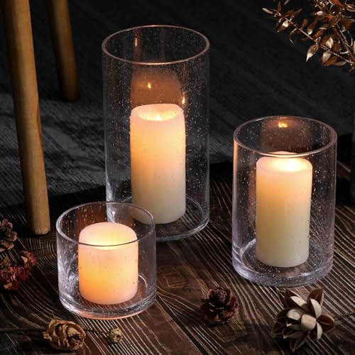 Large Hurricane Candle Holder Set of 3 Clear Candle Holders for Pillar Candles, Seeded Bubbles Glass Candle Holder for Table Centerpiece, Glass Cylinder Vases for Home, Patio and Wedding 10" 7" 4" H - color: Clear, size: Large