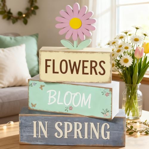 Spring Decoration Wooden Tiered Tray Decor – Daisy Flower Spring Stacked Block Sign – Farmhouse Tabletop Floral Spring Decor for Shelf Mantel Seasonal Home Display - style: Floral
