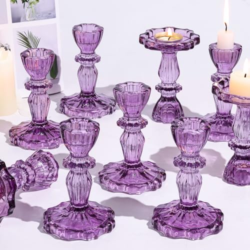 12pcs Taper Candle Holders, Candlestick Holders, Glass Candle Holder - Vintage Flower Design Candle Holders for Wedding, Birthday, Halloween & Home Decoration (Purple) - color: Purple