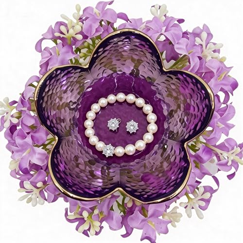 Mini Flower Ring Plate Jewelry Storage Tray Ring Holder for Dressing Table, Room Bathroom Decoration, Valentine's Day Christmas Birthday Gift for Women (purple Jewelry Tray and Flower Base) - color: purple Jewelry Tray and Flower Base