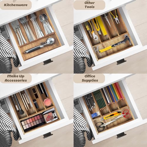 KITEISCAT Acacia Wood Silverware Organizer, Kitchen Utensil Drawer Organizer for Forks, Knives & Spoons, 5-Compartment Cutlery Tray, Flatware Holder - size: 5 Compartments