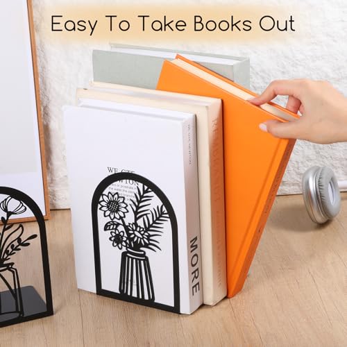 Kifmurase 5 Pair Metal Book Ends, Modern Decorative Flower Shelves Bookends, Black Book Stopper for Heavy Books, Novety Floral Books Shelf Holder Ends for Home Office School, 6.6×4.7×3.6 inch