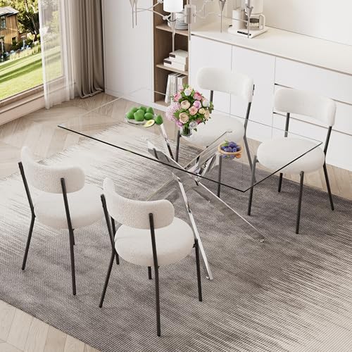 51'' Modern Glass Dining Table for 4, Rectangular Tempered Table Top Silver Base with 4 Minimalism White Boucle Dining Chairs, 5 Piece Dining Room Table Set, Easy Assemble - color: Silver+white Chairs, size: 51'' + 4 Chairs