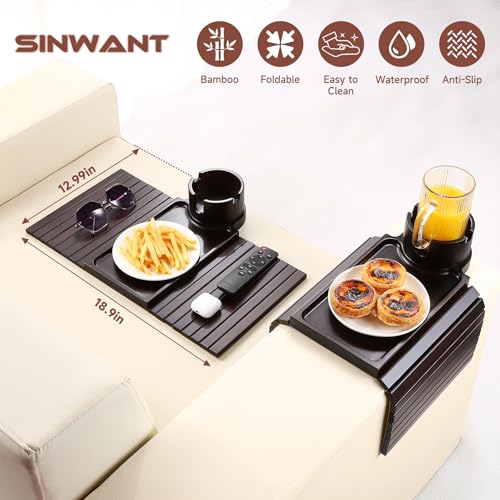 SINWANT Couch Cup Holder Tray, 2 in 1 Bamboo Couch Armrest Table Clip on Sofa Armrest Table,Foldable Anti Silp Arm Rest Side Tray for Drink Coffee Mug, Snacks, Remote - color: Black Walnut