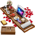 Foldable Bathtub Caddy Tray, Bamboo Bath Tub Tray Table for Tub with Wine Glass Holder Book Phone Tablet Holder with Extending Sides, Adjustable Bathroom Bathtub Free Soap Holder Gift Idea (Walnut) - color: Walnut
