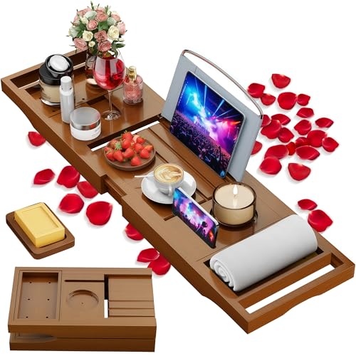 Foldable Bathtub Caddy Tray, Bamboo Bath Tub Tray Table for Tub with Wine Glass Holder Book Phone Tablet Holder with Extending Sides, Adjustable Bathroom Bathtub Free Soap Holder Gift Idea (Walnut) - color: Walnut