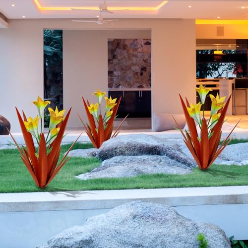 Homight Metal Agave Plant Outdoor Decoration Lily Mexican Yard Art Garden Gift Home Decor Hand Painted Metal Agave Garden Yard Statue, Outdoor Lawn Ornaments(3 Big Yellow Lilies) - color: 3 Big Yellow Lilies
