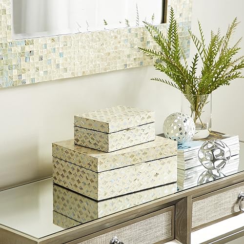 Deco 79 Mother of Pearl Shell Geometric Handmade Decorative Box Storage Decorative Keepsake Boxes with Hinged Lid, Set of 2 Storage Boxes 12", 8"W, Cream - color: Cream, size: 12", 8"W